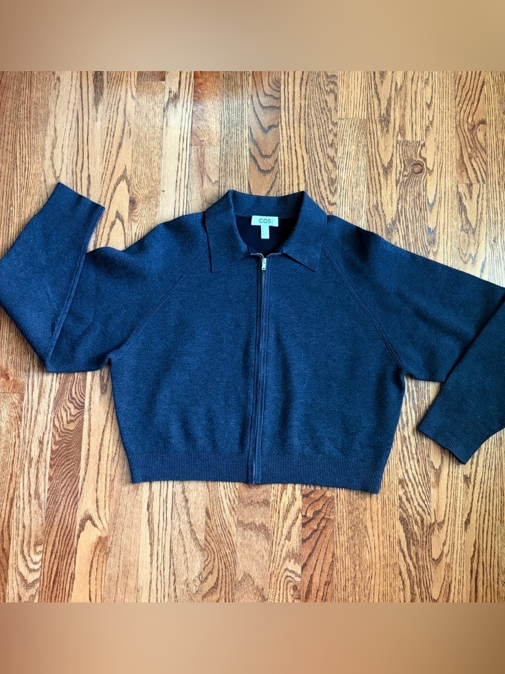 COS Double-Faced Knitted Jacket Dark Gray Zip Front Raglan Cropped Sweater M - Picture 5 of 12